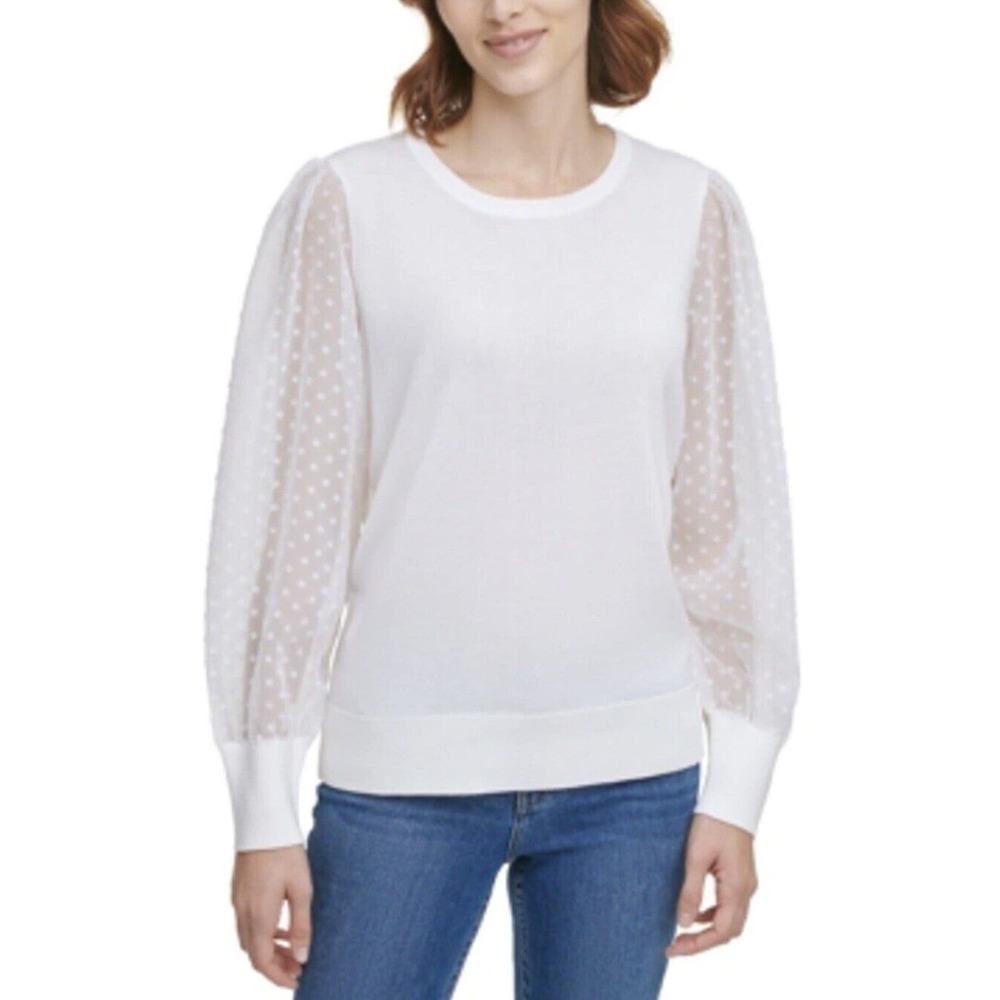 CALVIN KLEIN Off White Sheer-Sleeve Polka Dots Sleeves Sweater Knitted Blouse M